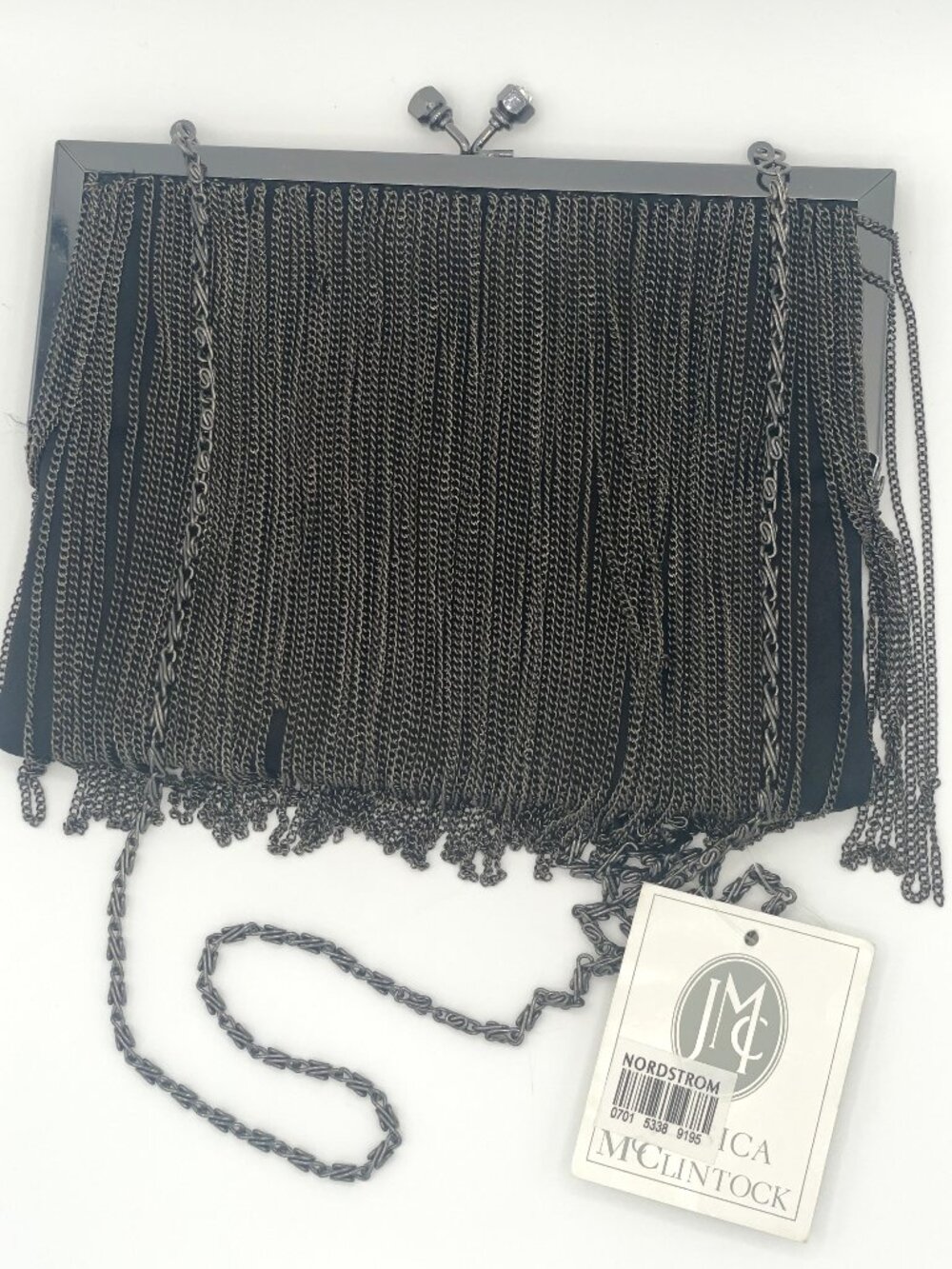 Jessica McClintock Black Beaded Fringe Clutch Purse w 7.5" x 5.25" NEW